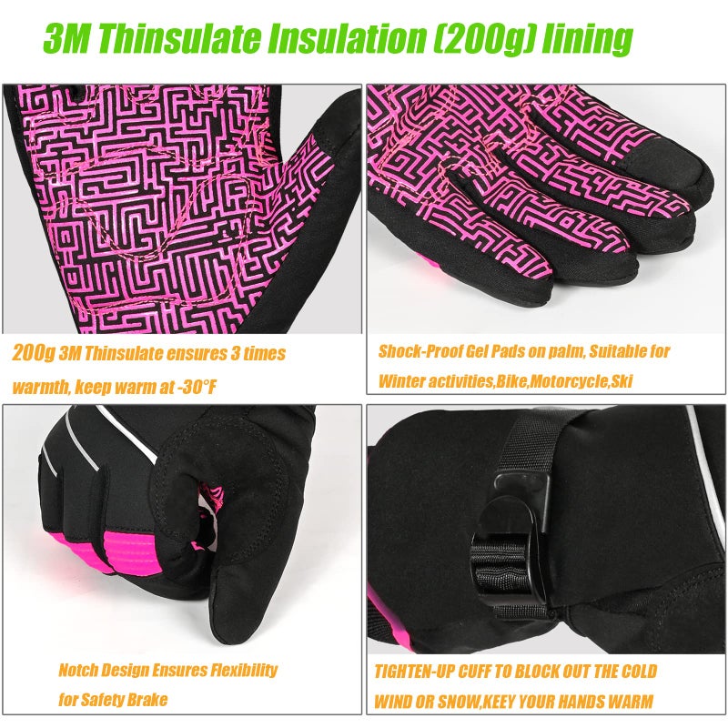 MOREOK Waterproof & Windproof -30Â°F Winter Gloves for Men/Women, 3M Thinsulate Thermal Gloves Touch Screen Warm Gloves for Skiing,Cycling,Motorcycle,Running-Pink-XS - Image 2